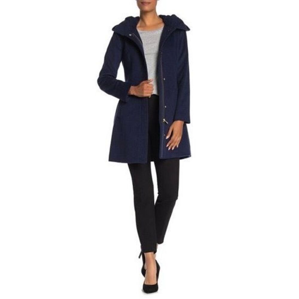 NWOT Cole Haan Rabbit Hair & Wool Blend Belted Hooded Mid Women's Coat Size 8US
